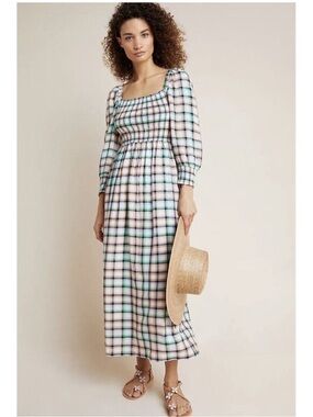 Anthropologie Maeve Cerie Smocked Plaid Maxi Dress Size S
